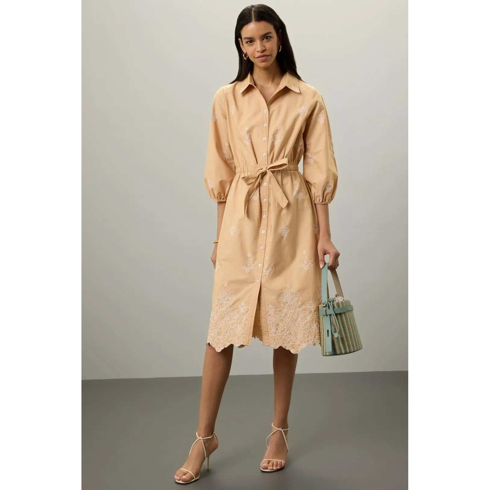 Shoshanna Francoise Shirt Dress Embroidered Button Down Tan Midi Sz‎ S